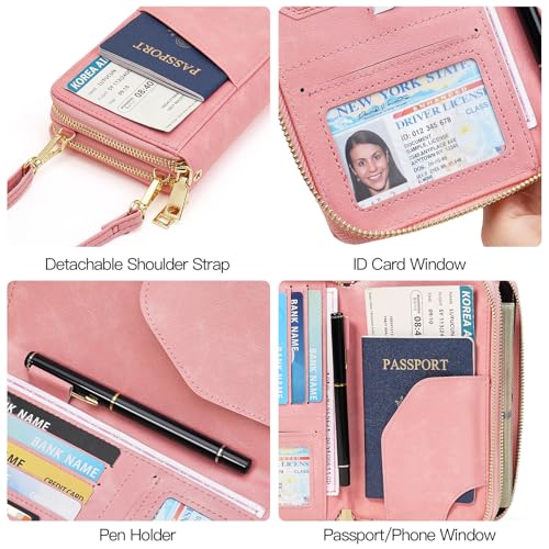 GOIACII Passport Wallet Travel Crossbody Bags for Women Wristlet Phone Purse Double Zip Vegan Leather Pink - color: A04 Pink