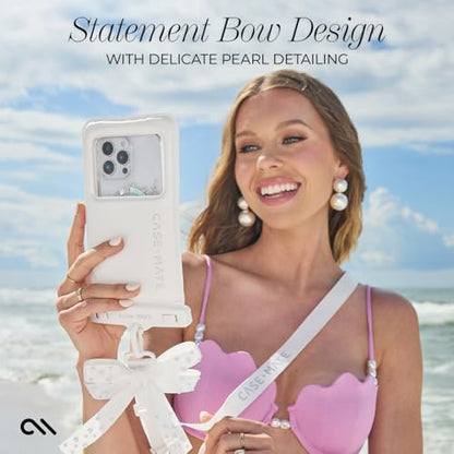 Case-Mate IP68 Waterproof Large Phone Pouch with Bow Design - Travel Beach Cruise Ship Essentials - Floating Phone Case with Crossbody Lanyard for iPhone 17 Pro Max/16 Pro/15/14/13/ S26 - Ivory Pearl - color: Ivory Pearl