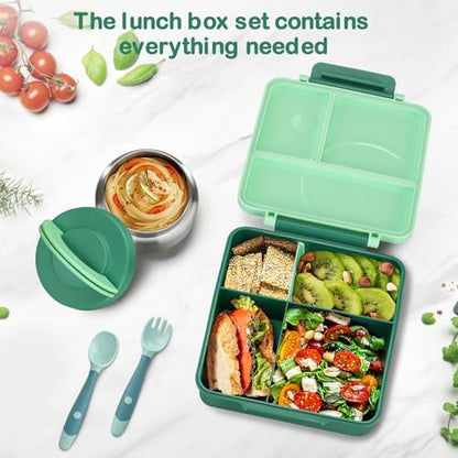 Bento Lunch Box Set for Kids with 8oz Soup Thermo, Leak-Proof Lunch Containers with 4 Compartment, Kids Thermo Hot Food Jar and Insulated Lunch Bag for Kid to School-Green - color: Green