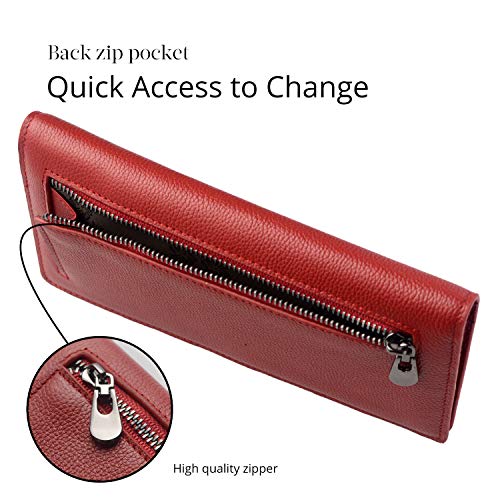 Bveyzi Ultra Slim Thin Leather RFID Blocking Credit Card Holder Bifold Clutch Wallets for Women - color: Wine Red