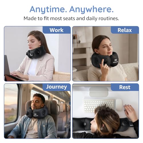 Inflatable Neck Pillow, Portable Travel Neck Pillow Airplane, Storable Black Neck Pillows Travel with Washable Cover, Adjustable Air-Fill Support