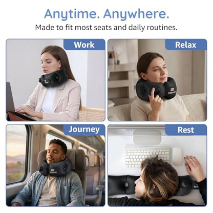 Inflatable Neck Pillow, Portable Travel Neck Pillow Airplane, Storable Black Neck Pillows Travel with Washable Cover, Adjustable Air-Fill Support