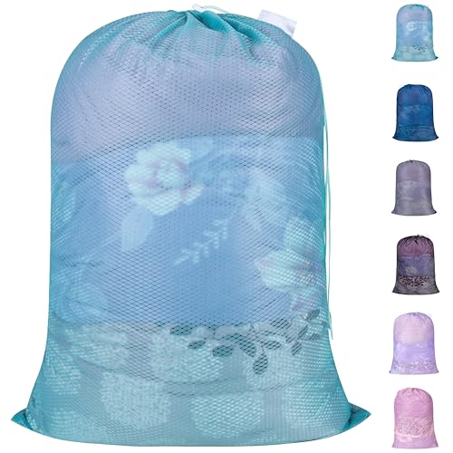 Polecasa Heavy Duty Diamond Large Mesh Laundry Bag with ID Tag and Locking Drawstring Closure - 24 x 36 inches - Laundry Hamper Liner, Washable Laundry Bags for Travel, Sports, Dorms (Aqua) - color: Aqua, size: 24"x36" |1 Pack