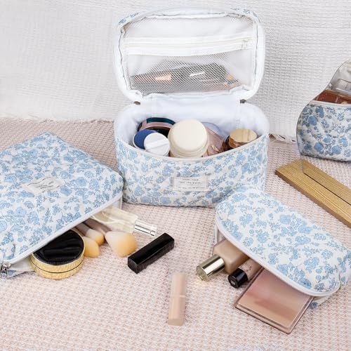 Gosect 3pc Makeup Bag Set, Quilted Makeup Bag Set, Large Floral Cosmetic Bag for Women, Cute Cotton Makeup Bags, Flower Travel Toiletry Organizer Bag (Large Flower) - color: Big Flower