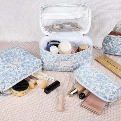 Gosect 3PC Makeup Bag Set, Quilted Makeup Bag, Large Floral Cosmetic Bag for Women, Cute Cotton Makeup Bags, Flower Travel Toiletry Organizer Bag (Bear) - color: Bear