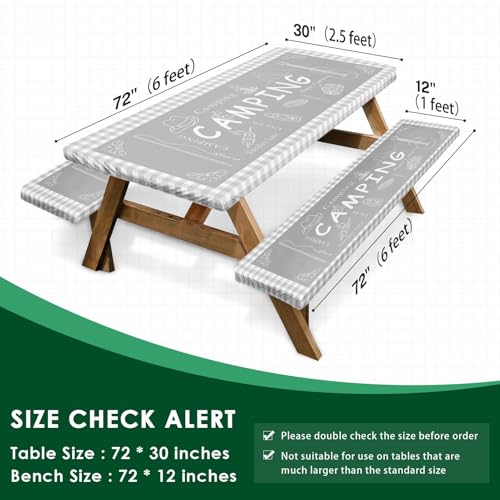 Picnic Table Cover with Bench Covers Elastic Edges, Grey Camper Fitted Table Cover, Outdoor Patio Camping Essentials 72 Inch 3PCS, Waterproof Camping Fitted Tablecloth with Drawstring Bag - color: Grey, size: 72in