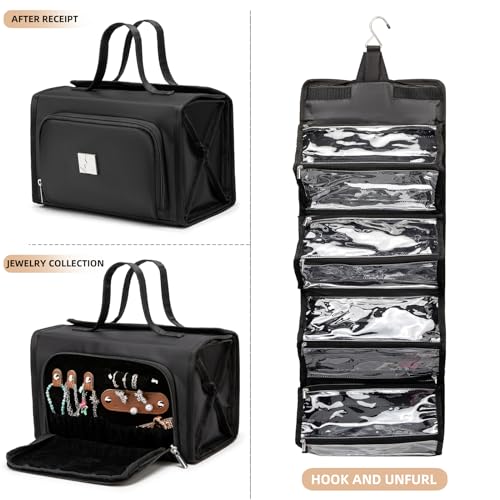 ROYALFAIR Roll Up Makeup Bag, Waterproof Toiletry Bag for Women, Hanging Travel Organizer bags with Jewelry Organizer Compartment, Extra Large 4 Clear TSA Approved Pouches Cosmetic Makeup (black) - color: black