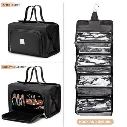 ROYALFAIR Roll Up Makeup Bag, Waterproof Toiletry Bag for Women, Hanging Travel Organizer bags with Jewelry Organizer Compartment, Extra Large 4 Clear TSA Approved Pouches Cosmetic Makeup (black) - color: black