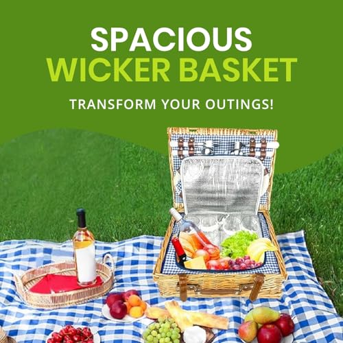 Nature Gear Picnic Basket, Wicker Basket with Handle for Outdoors, Insulated Woven Basket, Includes a Service Kit of Dinnerware & Wine Glasses, Picnic Basket Set for 4, Blue & White - color: Blue & White