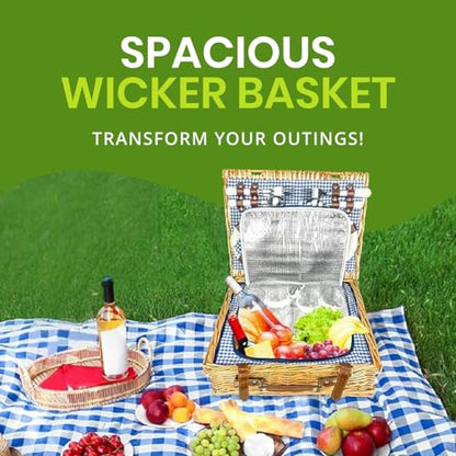Nature Gear Picnic Basket, Wicker Basket with Handle for Outdoors, Insulated Woven Basket, Includes a Service Kit of Dinnerware & Wine Glasses, Picnic Basket Set for 4, Blue & White - color: Blue & White