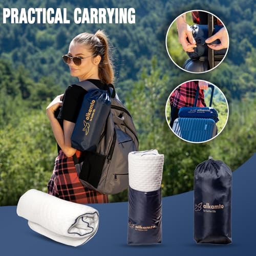 alkamto Travel & Camping Comfortable Memory Foam Pillow – Easy to Carry Portable Bag – Temperature Regulating Pillow Case - size: White Travel + Extra Cover