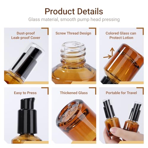 Segbeauty 0.5oz Glass Refillable Travel Bottles, 3pcs Lotion Pump Bottle Dispenser, 15ml Amber Mini Travel Containers for Creams, Lotion Dispenser with Pump, Small Sample Bottle Liquid Container - color: Amber, style: 3pcs 0.5oz