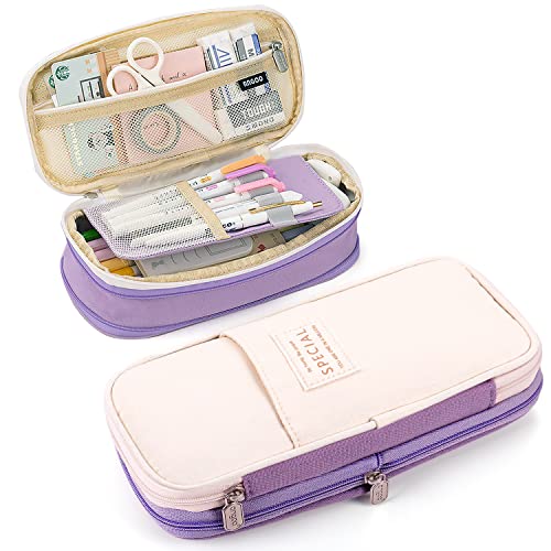 Large Capacity Pencil Case, Expandable Stationery Bag with Zipper compartments, Aesthetic Pencil Case Pouch for Office College School Students Teen Girls Boys - color: Purple Beige