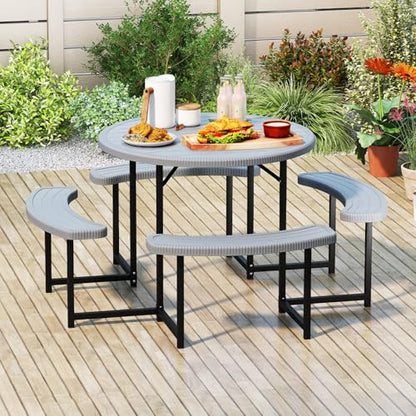 Tangkula 8 Person Picnic Table, HDPE Outdoor Round Table and Bench Set with 4 Built-in Benches, Umbrella Hole, Metal Frame for Garden Yard Patio Lawn - color: Grey