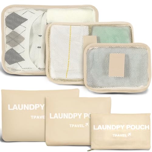6 Set Packing Cubes for Travel Luggage Packing Bags Reusable Lightweight Suitcase Organizer Cubes Set for Travel Accessories (Beige‌) - color: Beige
