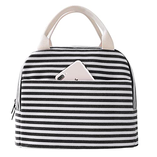 EurCross Canvas Lunch Tote Bag for Women for Work with Black and White Stripes, Reusable Insulated Meal Prep Preppy Lunch Box Bag for Daily Use, Cute Lunch Cooler Bento Boxes Bags - color: Black Stripes