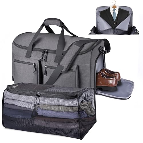 HILOMON Convertible Duffle Bags for Travel Carry On Suit Duffle Bags with Shoulder Strap 2 in 1 Hanging Garment Duffle Bag for Men Women (Gray Mesh Storage) - color: Gray Mesh Storage