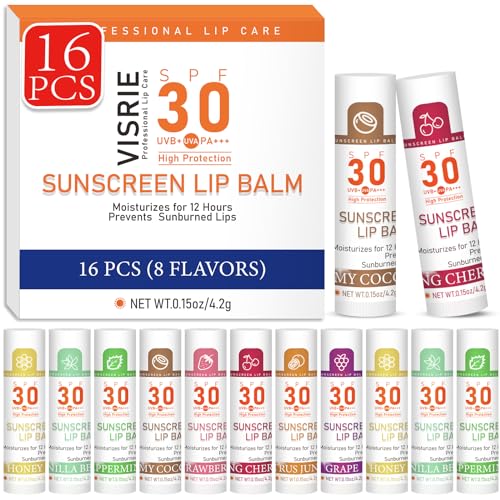VISRIE SPF 30 Lip Sunscreen, SPF Lip Balm Travel Size 16 Pack, Hydrating Lip Balm Bulk with Vitamin E and Coconut Oil- 8 Flavors - color: 16 Count