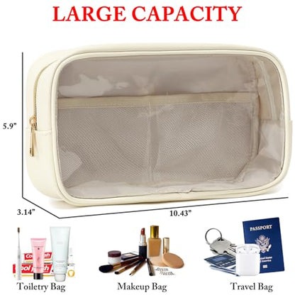 Fammart Clear Makeup Bag with 2 Customizable Chenille Letters - Waterproof PU Leather Cosmetic Case, Large Personalized Toiletry Pouch for Women & Teens, Ideal for Travel & Gift - color: Clear, Large - Beige