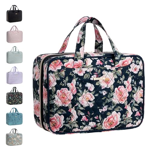 Everfun Travel Toiletry Bag with Hanging Hook and Leakproof Wet/Dry Compartments, Large Capacity Makeup Cosmetic Organizer for Women, 12x9x4.5 Inch, Black Floral - color: Black Floral, size: Large