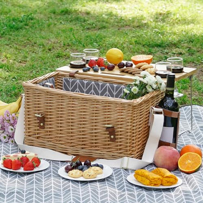 WILLOW WEAVE Luxury Picnic Basket, Wicker Picnic Basket Set for 4, Picnic Basket with Blanket & Portable Table for Camping and Outdoor Party - Gray - size: L for 4P-BlueLeaf