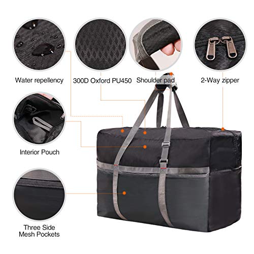 REDCAMP Foldable Travel Bag, Large Sports Bag, 75L/96L/100L, Lightweight Waterproof Tote Bag - color: Black 22"/60l