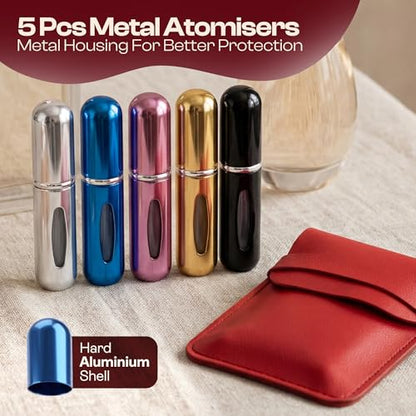 5ml Travel Perfume Bottle Refillable Atomizer Sprayer for Perfume,Leakproof Perfume Atomizer Travel, Portable Refillable Perfume Bottles, (Blue, Black, Pink, Gold, Silver + Leather Pouch) - color: Blue, Black, Pink, Gold, Silver + Leather Pouch