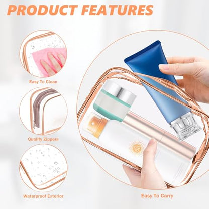 AURUZA 6 Pack Travel Toiletry Bag, Clear Makeup Bag, TSA Approved Cosmetic Bag with Zipper, Clear Organizer Carry on Bag for Women, PVC Cosmetic Pouch (Rose Pink, 6 Packs) - color: Rose Pink