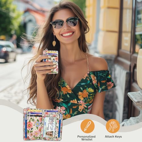 Yonlevres Credit Card Holder Slim Wallet, Floral RFID Wallet Women Front Pocket Small Card Holder, Travel Cute Thin with ID Window PU Leather RFID Blocking Case Organizer Gift Girls Ladies - color: Floral