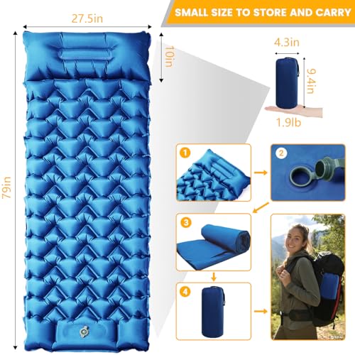 Sleeping Pad, Compact Sleeping Pad for Camping with Pillow Built-in Foot Pump, Inflatable Sleeping Mat for Travel Backpacking Hiking Sleeping Bag Tent, Outdoor Adventure Camp Gear - color: Blue