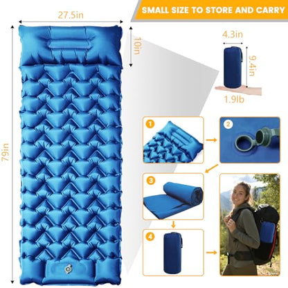 Sleeping Pad, Compact Sleeping Pad for Camping with Pillow Built-in Foot Pump, Inflatable Sleeping Mat for Travel Backpacking Hiking Sleeping Bag Tent, Outdoor Adventure Camp Gear - color: Blue