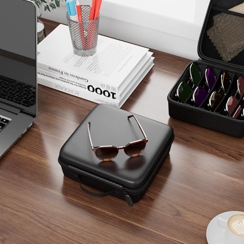 Travel Sunglasses Organizer, Hard Shell Sunglass Case Adjustable Slots for Multiple Sunglass Eyeglass Case - style: Black + 5 Slots