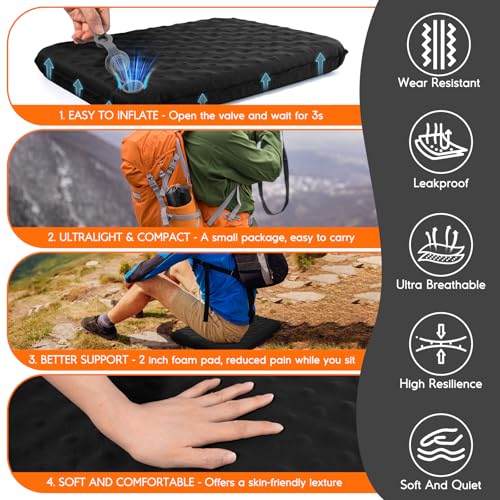 Inflatable Seat Cushion, Self-Inflating Memory Foam Stadium Seats Cushion Lightweight & Compact Chair Sitting Pad Airplane Cushion for Long Flight Travel Outdoor Camping Car Bleachers Office - color: 1 Pack Black