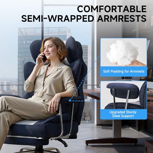 GTPLAYER Gaming Chair,Office Chair with Pocket Spring Lumbar Support, Ergonomic Comfortable Wide Office Desk Computer Chair with Outward Fixed Soft Armrests and Footrest (Fabric, Dark Blue & White) - color: Dark Blue White
