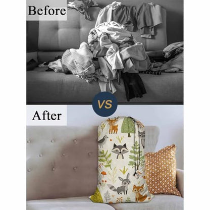 Swono Woodland Animals Laundry Bag with Strap Machine Washable Large Dirty Clothes Organizer Trees Mushrooms Berries Rabbit Owl Easy Fit Laundry Hamper or Basket, Carry Up to 4 Loads of Laundry - color: Woodland Animals