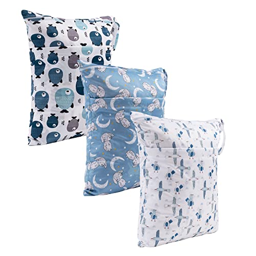 babygoal Wet Dry Bags for Baby Cloth Diapers, Washable Travel Bags, Beach, Pool, Gym Bag for Swimsuits & Wet Clothes with Two Zippered Pockets 3 Pack, 3LN28 - color: Fish and seagull