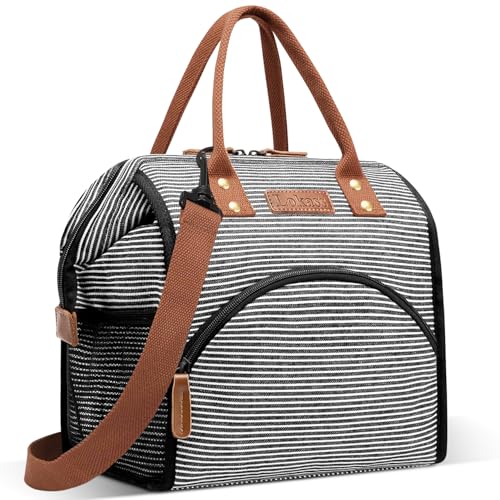 LOKASS Lunch Bag Insulated Lunch Box Wide-Open Lunch Tote Bag with Removable Shoulder Strap for Women/Men Adults Work Picnic Hiking Beach Fishing(Stripes) - color: Black&White Stripes-Straps