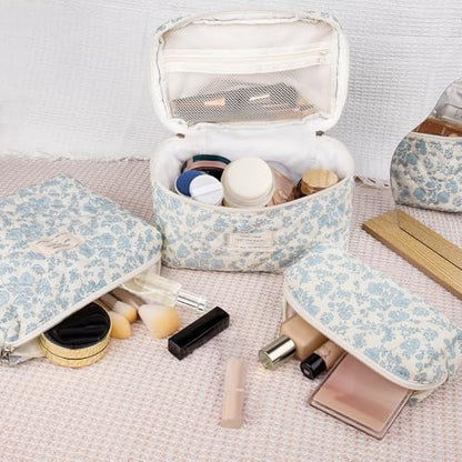 Gosect Makeup Bag Set, Quilted Makeup Bag, Large Floral Cosmetic Bag for Women, Cute Cotton Makeup Bags, Flower Travel Toiletry Organizer Bag (Pink Floer) - color: FSHK