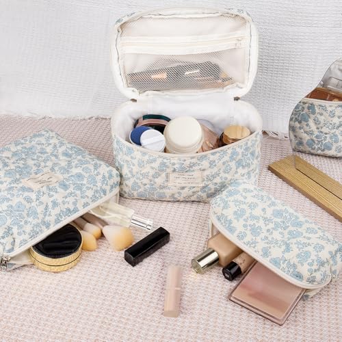 Gosect Makeup Bag Set, Quilted Makeup Bag, Large Floral Cosmetic Bag for Women, Cute Cotton Makeup Bags, Flower Travel Toiletry Organizer Bag (Blue Floer) - color: LSHK