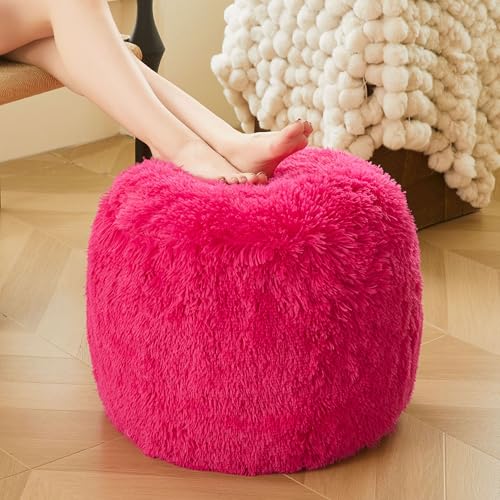 XeGe Fluffy Faux Fur Inflatable Pouf Ottoman, Soft Fuzzy Foot Stool Anti-Slip, Plush Foldable Foot Rest Floor Pouf for Kids Girls Adult, Cute Round Ottoman Cushion Living Room Bedroom, Hot Pink - color: Hot Pink, size: 20"x20"x16"