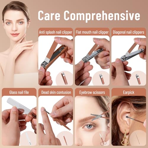 Nail Clippers Set for Men and Women 7 Pieces Stainless Steel Grooming Kits, Fingernail and Toenail Clipper Cutters with Luxurious Travel Case Nail Care Tools Manicure Pedicure Kit, Brown - color: Brown