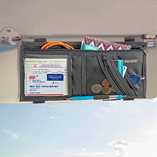 High Road Car Visor Organizer with Secure Zip Pockets, Sunglasses Holder and Clear Registration and Insurance Pocket - Heavy Duty Straps Fit Most Car, SUV and Truck Visors