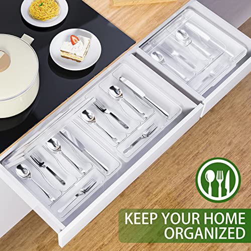 Utensil Holder for Countertop with Lid, Plastic Silverware Tray for Drawer, 5 Compartments Flatware Organizer,Transparent - color: Transparent