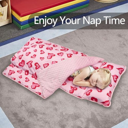 Primlect Toddler Nap Mat Extra Large Thickened 55''x35'', Soft Sleeping Bag with Detachable Minky Blanket and Pillow, Portable for Daycare, Preschool, Kindergarten, Travel, Boys and Girls - color: Pink Heart