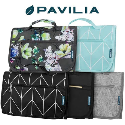 PAVILIA Hanging Toiletry Bag for Women Men, Large Foldable Toiletries Organizer with Hook, Water-Resistant Makeup Cosmetic Rollup Case, Clear Pockets for Bathroom, Gym, Cruise (Black Chevron) - color: Black Chevron