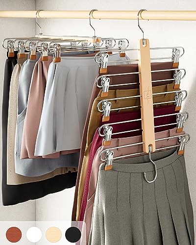 MORALVE Skirt Hangers Space Saving with Clips - 2 Pack - European Beechwood 5-Tier Hanger for Shorts, Skirts, and Pants - Closet Organizer and Storage Solution for Women with 360° Swivel Hook - color: Natural