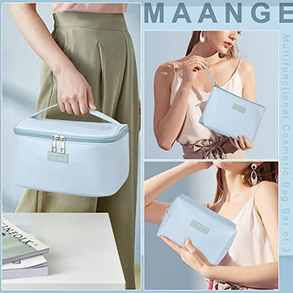 MAANGE Makeup Bag Large Cosmetic Bag with 2pcs Small Makeup Bags Portable Leather Travel Makeup Bag Set Toiletry Bag Make Up Bags for Women and Girls (Blue) - color: Blue
