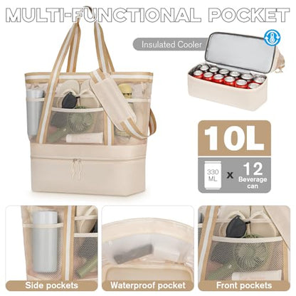 WOOMADA Beach Tote Bag With Cooler, Large Mesh Beach Bags for Women with Wet Pocket, Pool, Swim, Travel Essentials - color: Beige