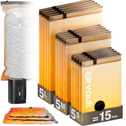 AirVault Vacuum Storage Bags for Travel & Home - Space Saver Compression Packing Bags Set for Clothes, Blankets & Seasonal Storage, Small (5), Medium (5), Large (5) (Orange,15-Pack Combo) - style: 15-Pack | Combo (S/M/L)