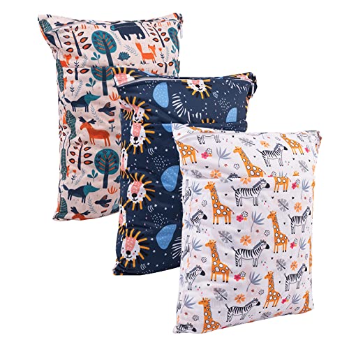 babygoal Wet Dry Bags for Baby Cloth Diapers, Washable Travel Bags, Beach, Pool, Gym Bag for Swimsuits & Wet Clothes with Two Zippered Pockets 3 Pack, 3LN25 - color: Giraff and bear